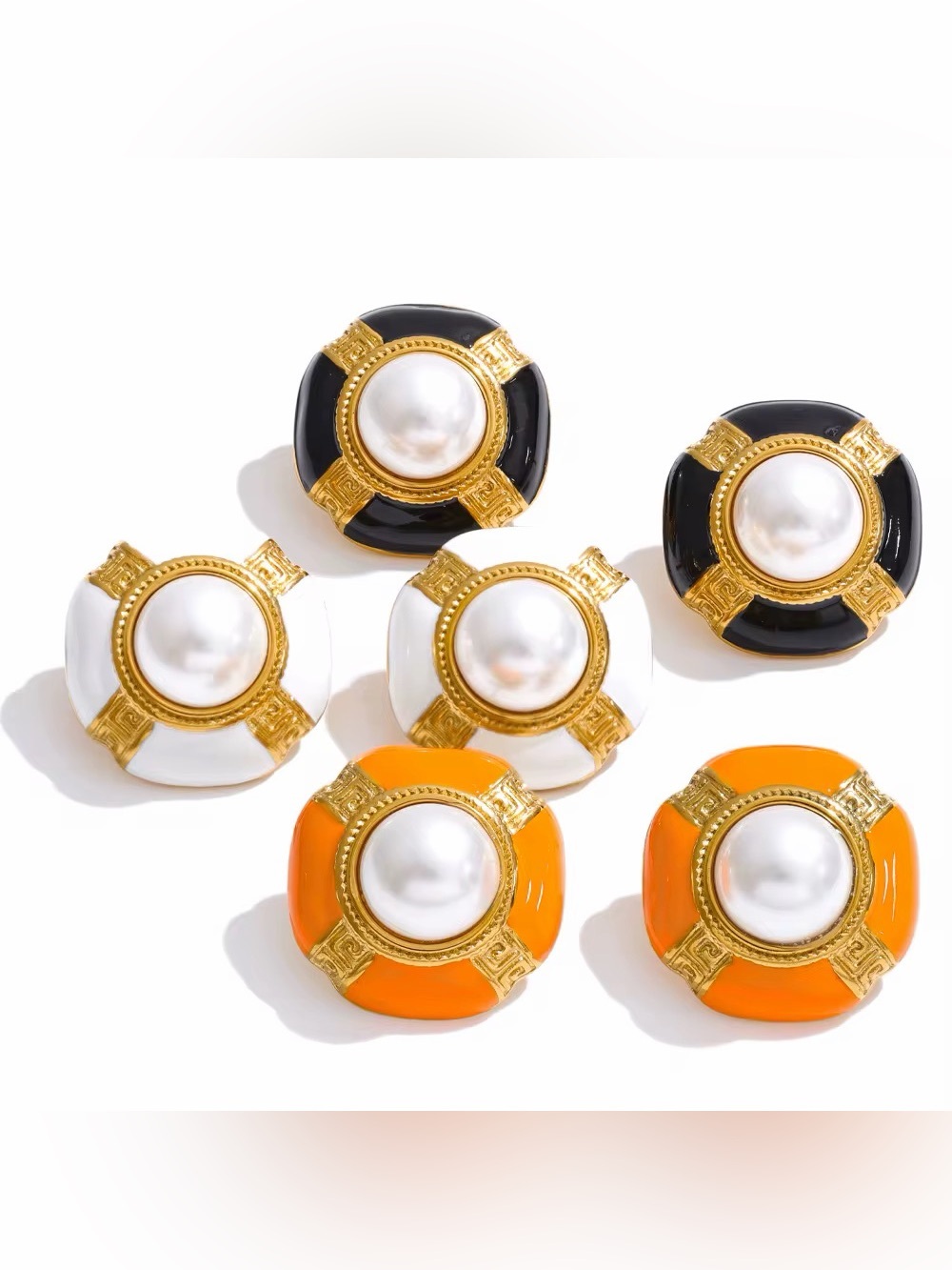 Vintage Orange Enamel & Pearl Stud Earrings | PVD Gold Plated Stainless Steel